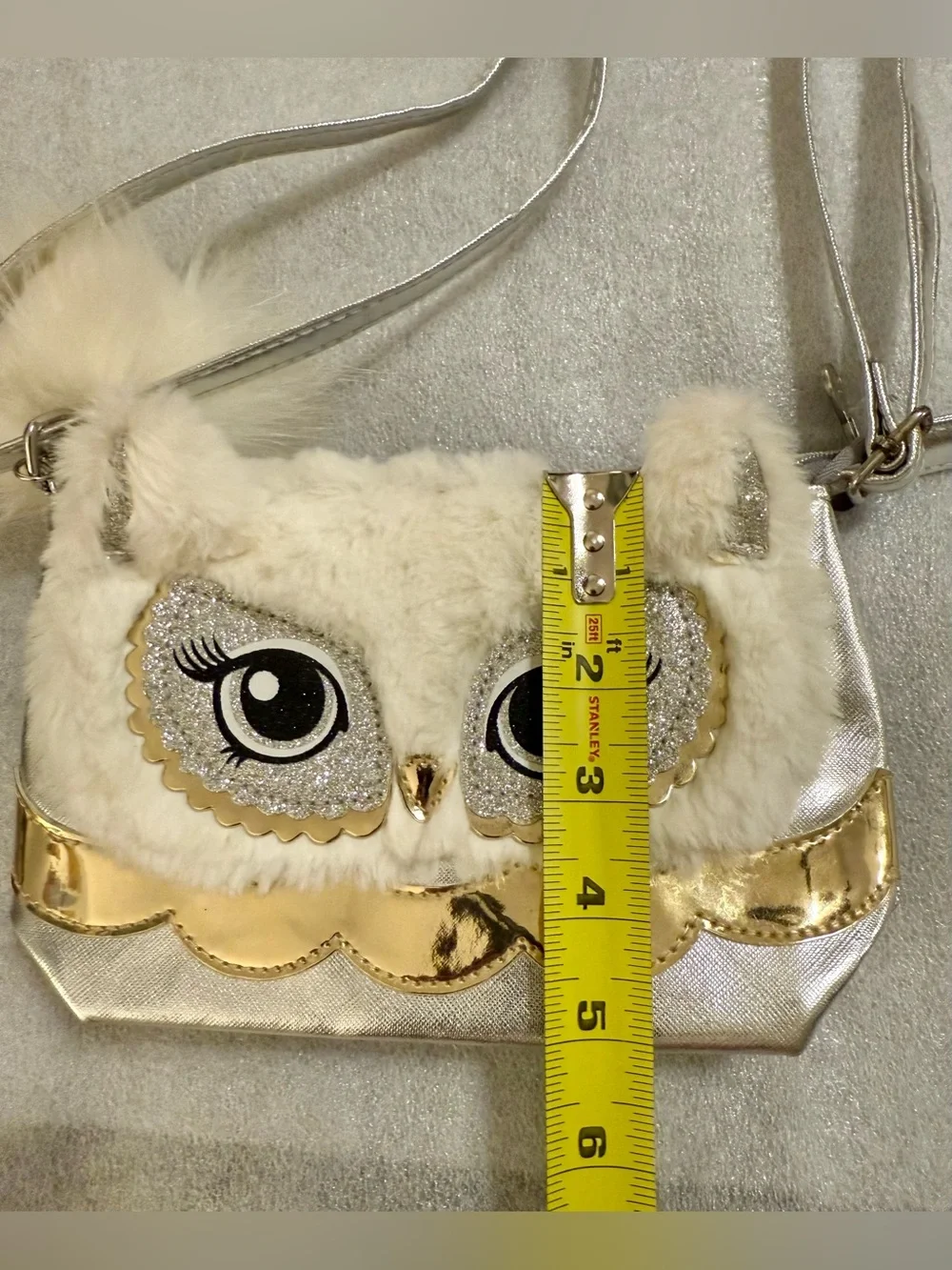 Justice Faux Fur Metallic Owl Critter Crossbody Purse.  W/metallic silver body.